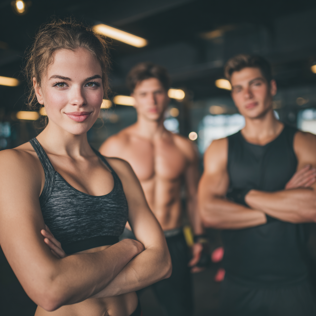 Group of smiling Polish adults of various ages participating in a structured fitness session in a modern gym setting