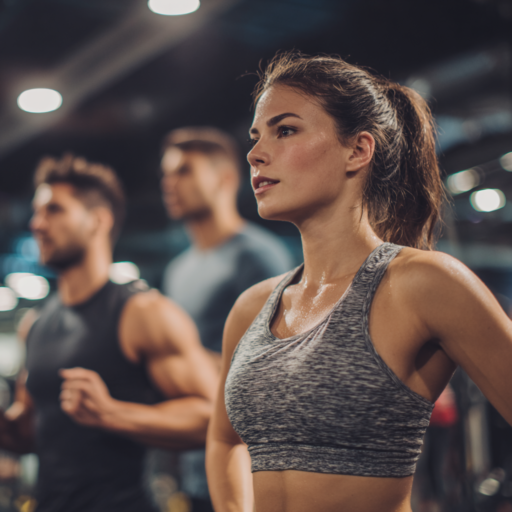 Happy middle-aged Polish man and woman demonstrating proper exercise form during a fitness training session